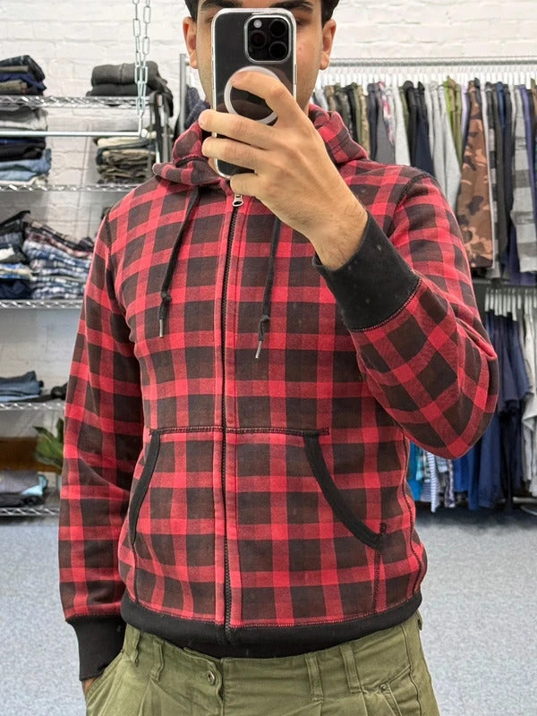 Red Black Uniqlo Plaid Checked Zip up Hoodie Jacket XS
