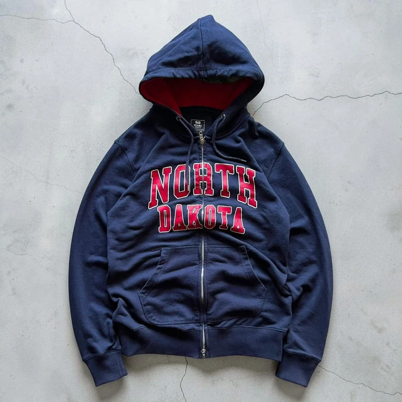 Beams Japan Navy Blue North Dakota Print Zip Up Hoodie M