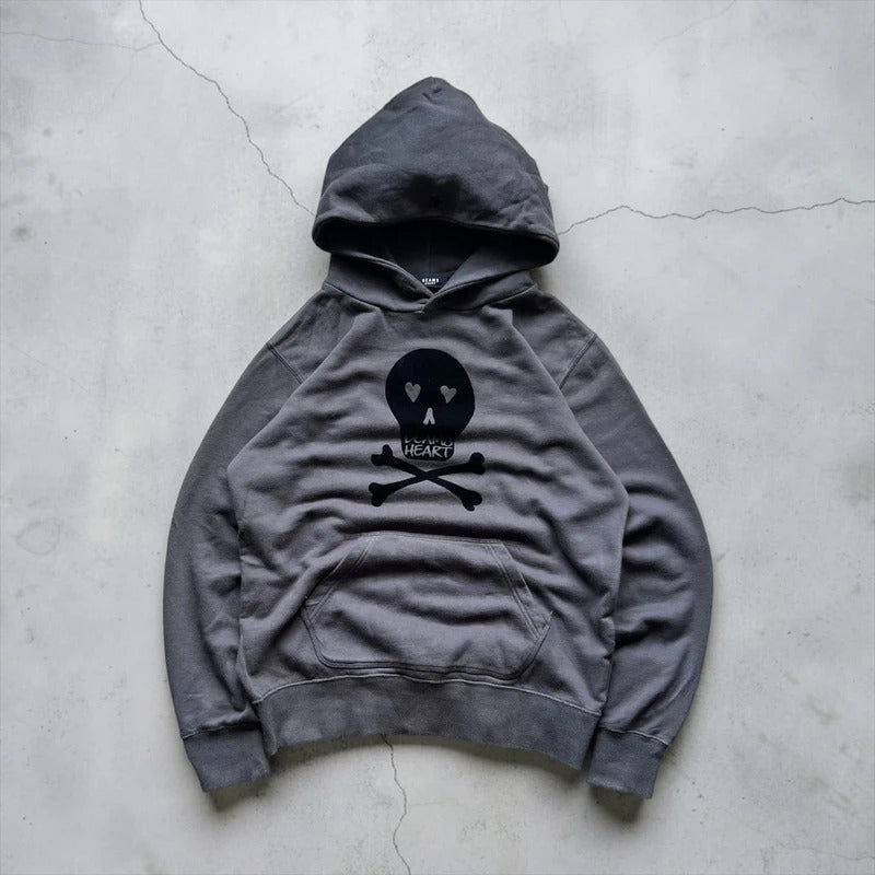 Grey Black Beams Heart Japan Skull Print Hoodie S