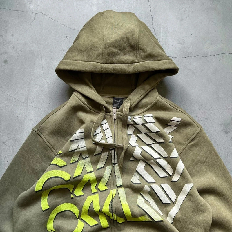 Vintage 00’s Oakley Khaki Green Print Zip up Hoodie S