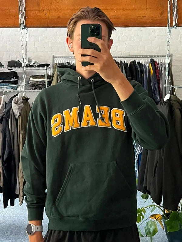 Green Beams Textured Centre Logo Pullover Hoodie M