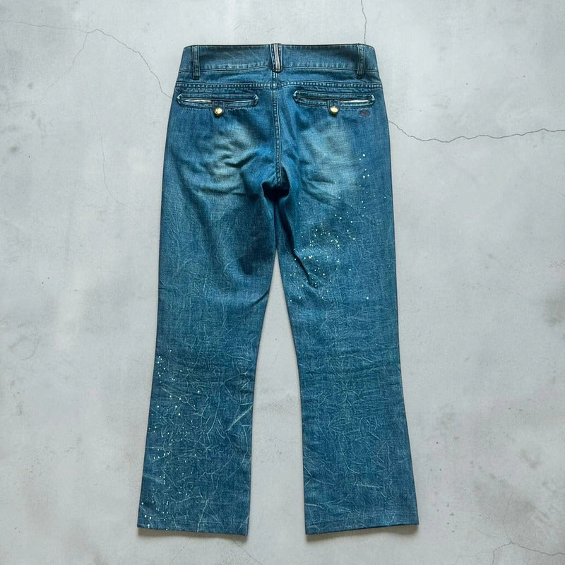 Women's Vintage Burberry Blue Label Paint Splatter Denim Flared Jeans W28
