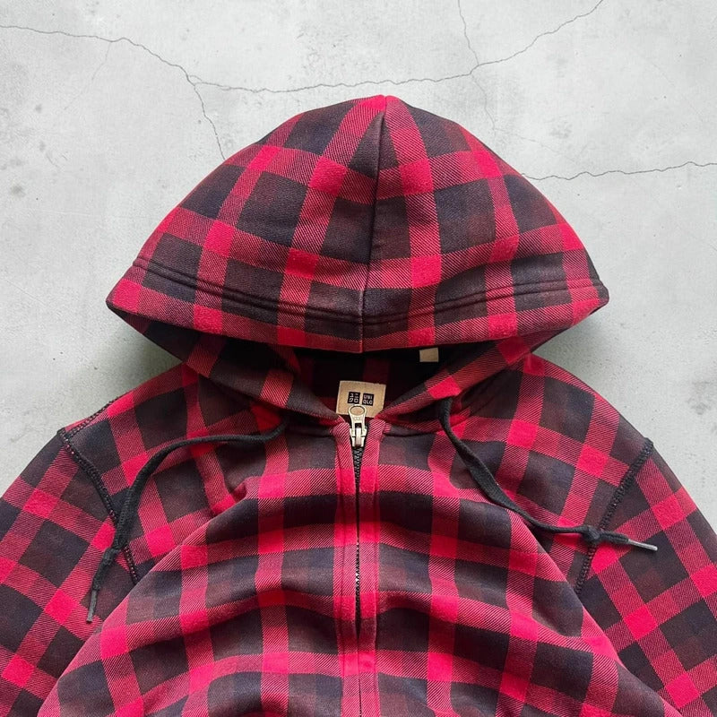 Red Black Uniqlo Plaid Checked Zip up Hoodie Jacket XS