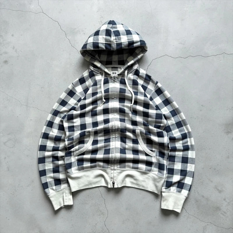 Navy Blue White Uniqlo Plaid Checked Zip up Hoodie Jacket
