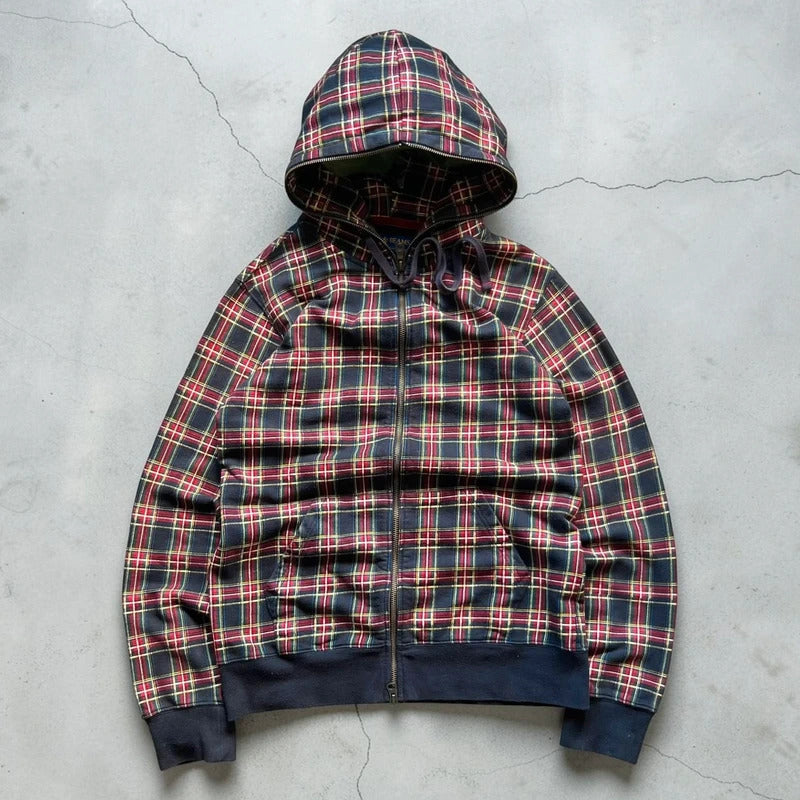 Red Black Beams Japan Plaid Tartan Checked Zip up Hoodie Jacket S