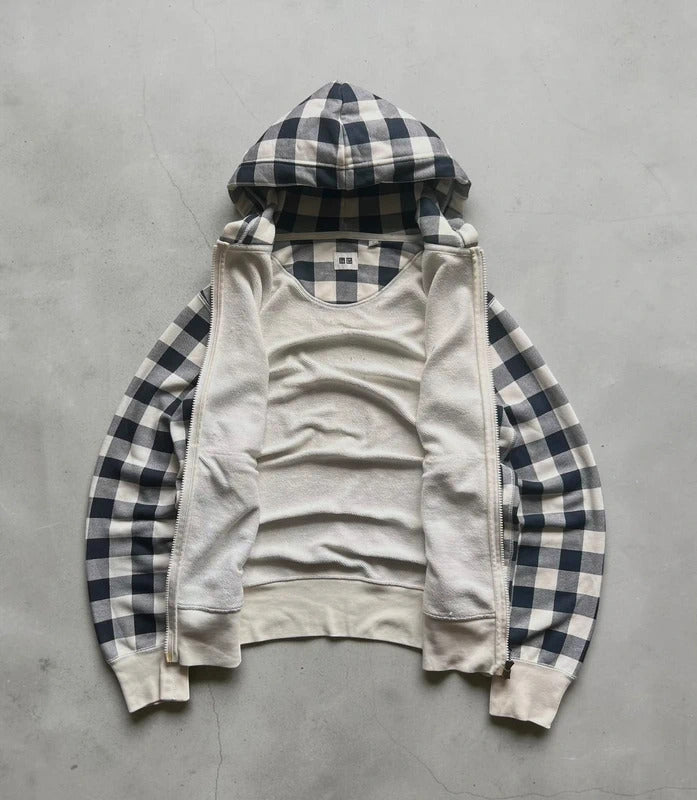 Navy Blue White Uniqlo Plaid Checked Zip up Hoodie Jacket
