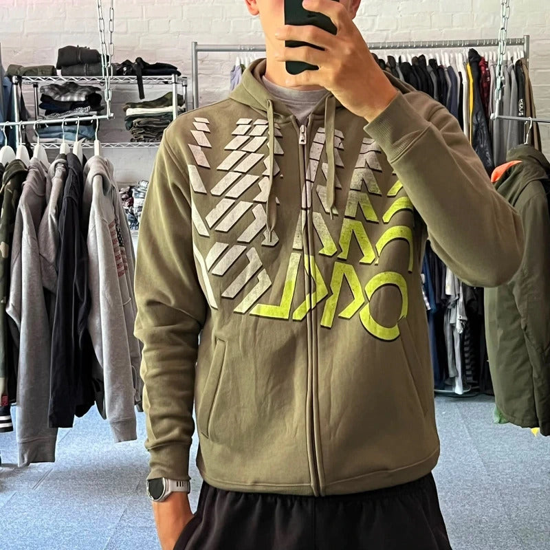 Vintage 00’s Oakley Khaki Green Print Zip up Hoodie S
