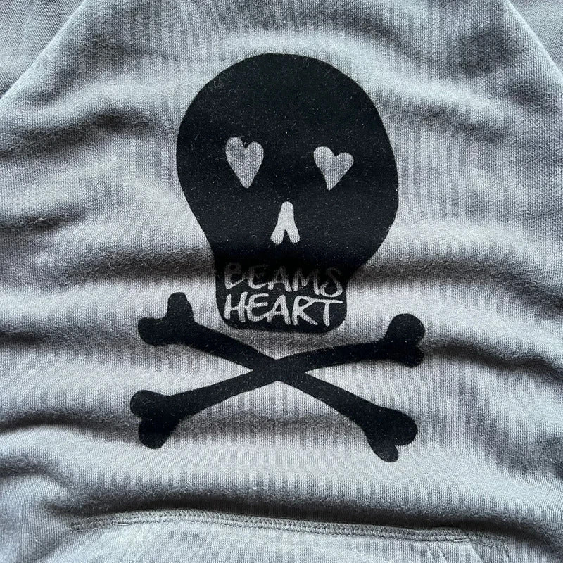 Grey Black Beams Heart Japan Skull Print Hoodie S