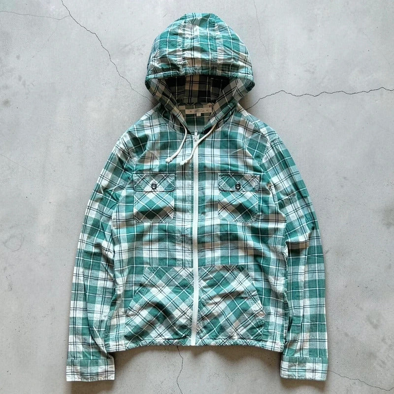 Green/White Corisco Plaid Hooded Shirt Jacket L