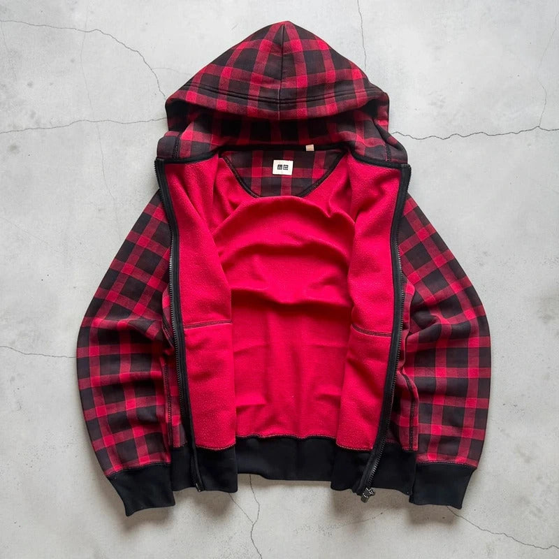 Red Black Uniqlo Plaid Checked Zip up Hoodie Jacket XS