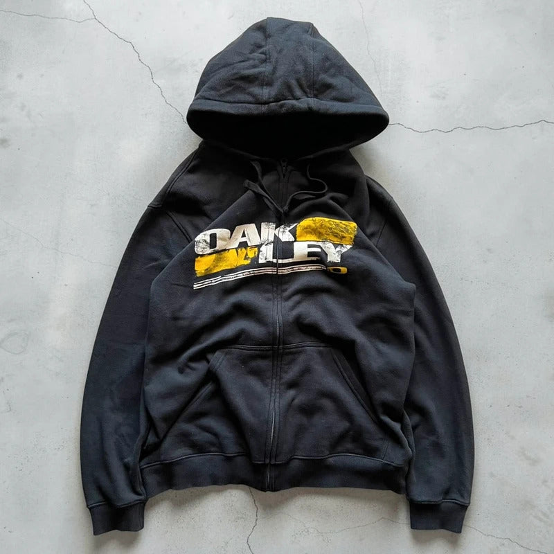 Black/Yellow 00's Oakley Graphic print Zip Up Hoodie M