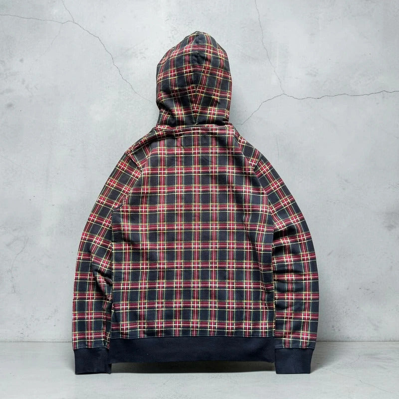 Red Black Beams Japan Plaid Tartan Checked Zip up Hoodie Jacket S