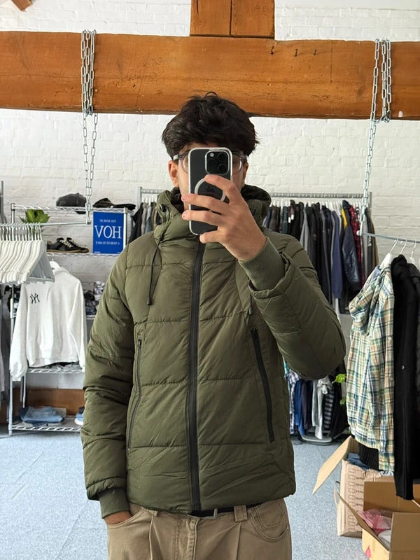 Khaki Green Hooded Puffer Jacket Coat S