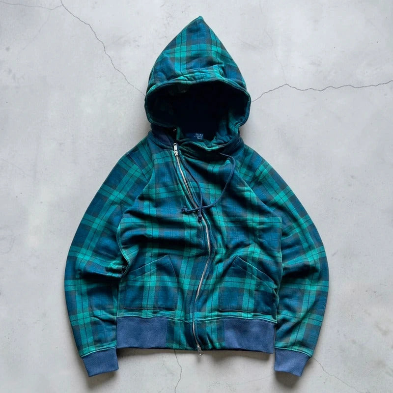 Beams Asymmetrical Tartan Plaid Zip Hoodie S