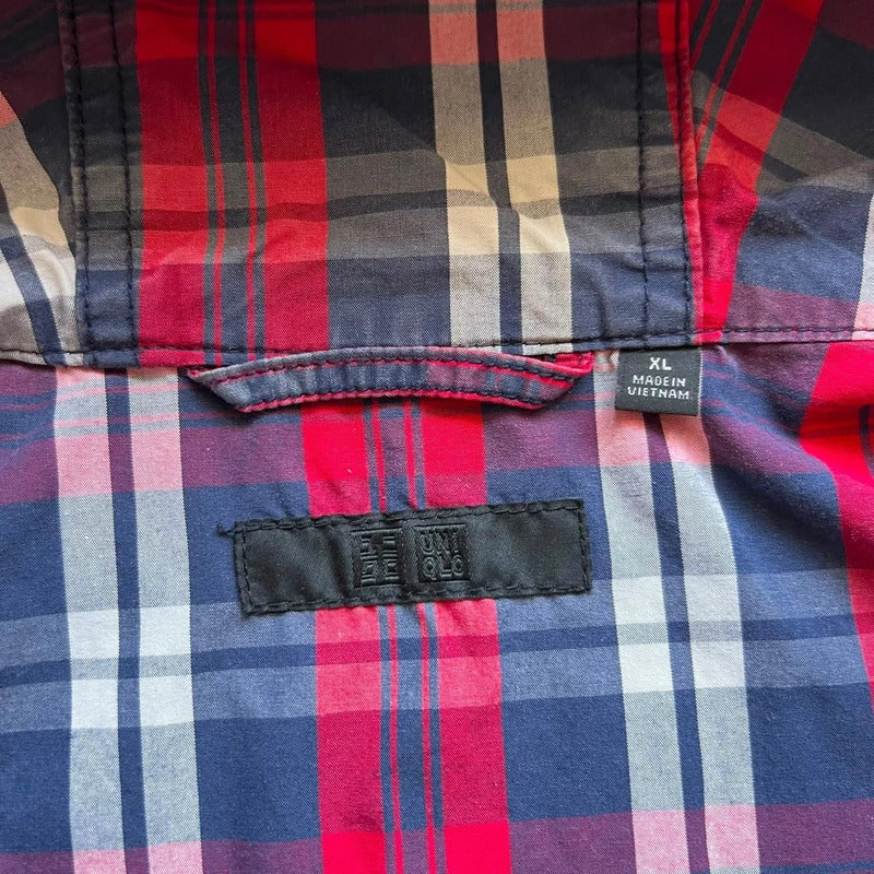 Uniqlo Red Navy White Plaid Checked Zip up Hoodie Jacket