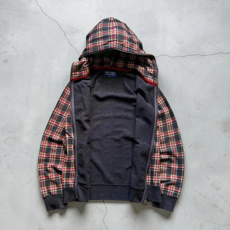 Red Black Beams Japan Plaid Tartan Checked Zip up Hoodie Jacket S