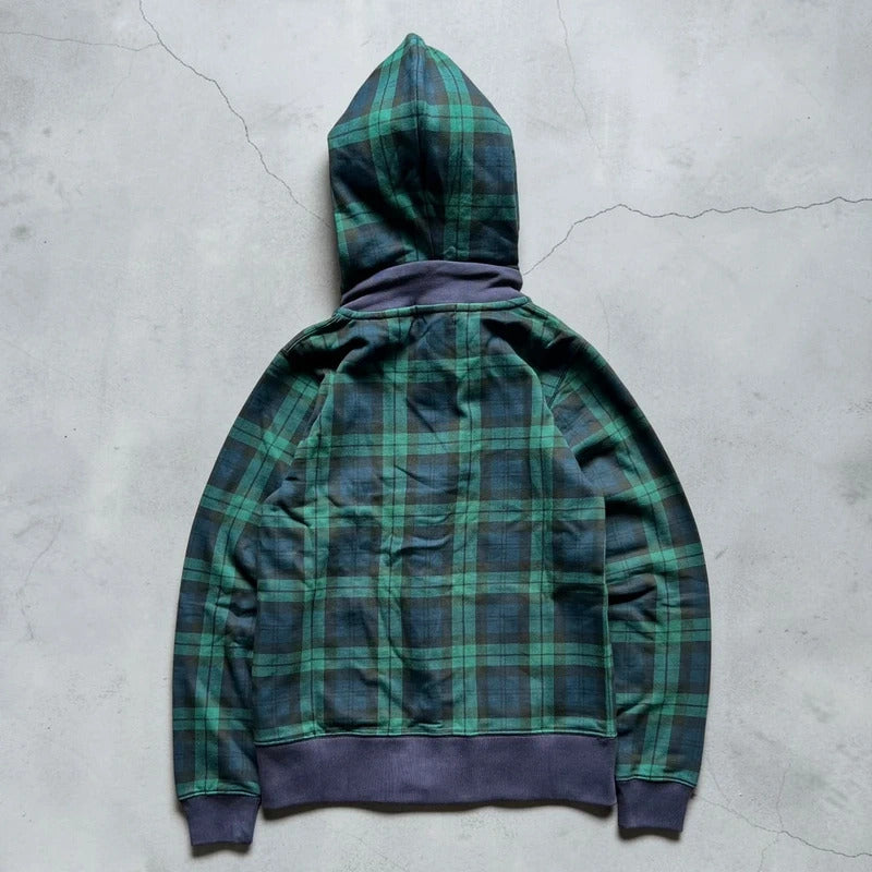 Beams Asymmetrical Tartan Plaid Zip Hoodie S