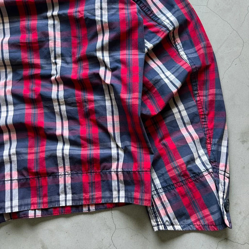 Uniqlo Red Navy White Plaid Checked Zip up Hoodie Jacket