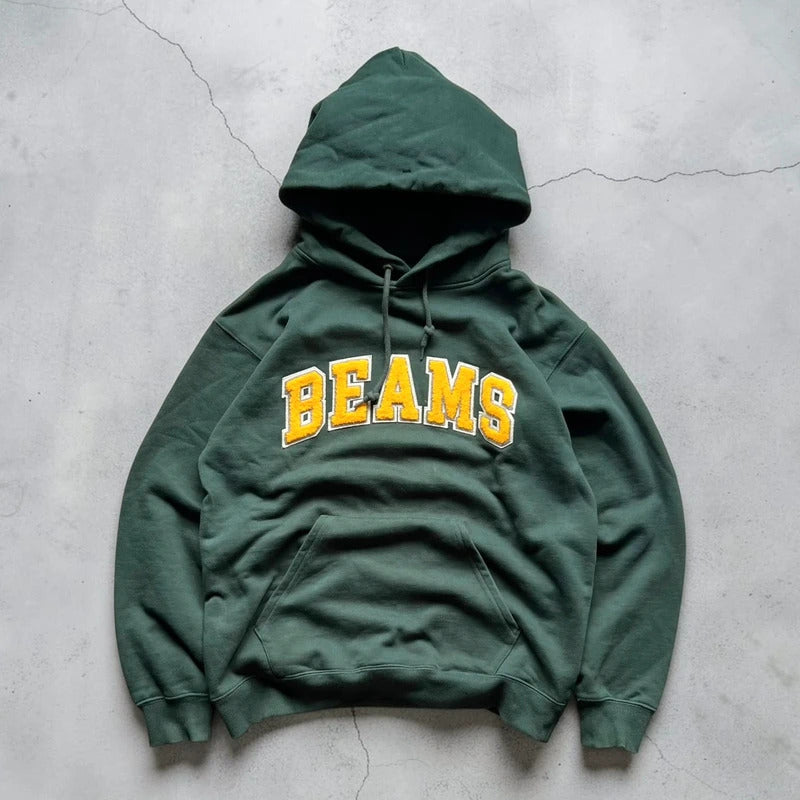Green Beams Textured Centre Logo Pullover Hoodie M