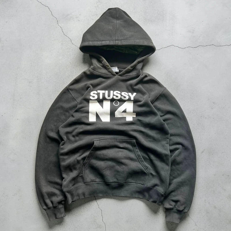 Stussy No4 Logo Black Faded Hoodie M