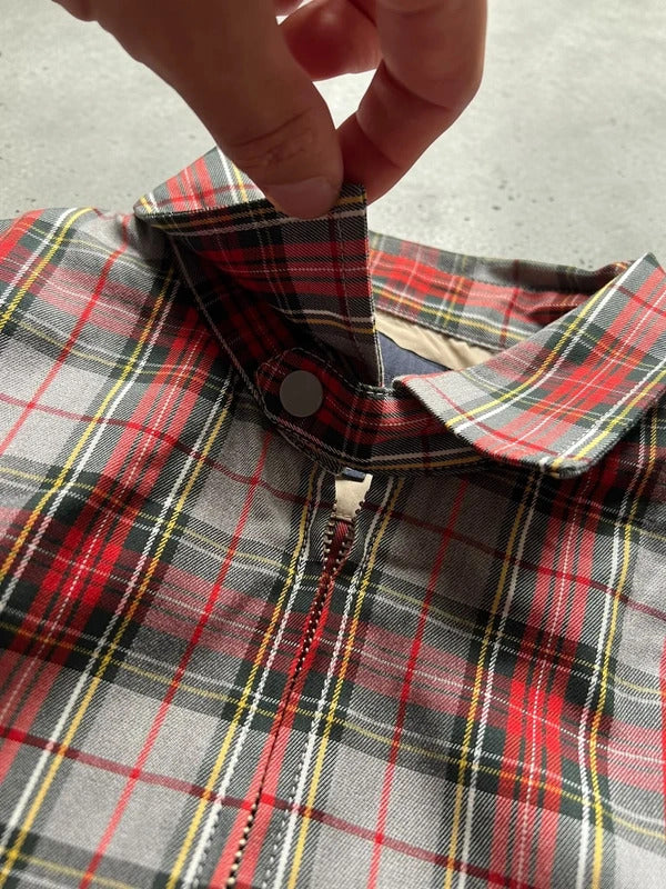 Red Grey Beams Japan Plaid Checked Zip up Collared Harrington Jacket S