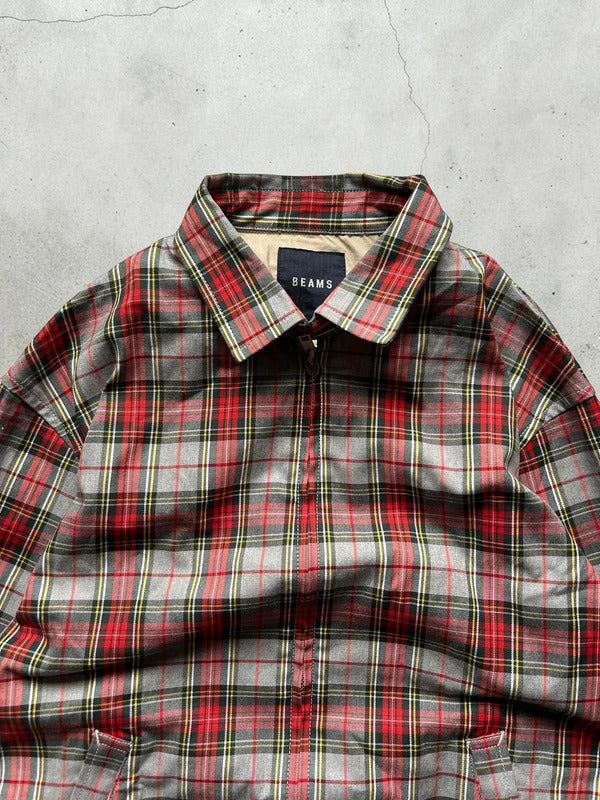 Red Grey Beams Japan Plaid Checked Zip up Collared Harrington Jacket S