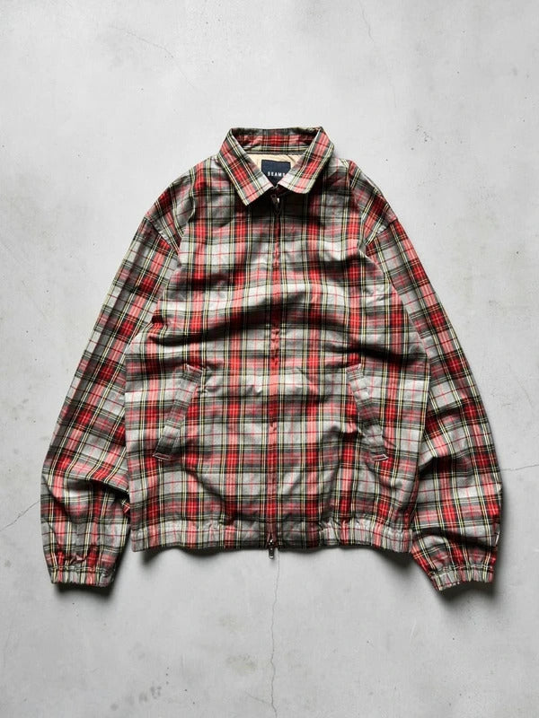 Red Grey Beams Japan Plaid Checked Zip up Collared Harrington Jacket S
