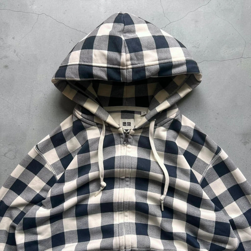 Navy Blue White Uniqlo Plaid Checked Zip up Hoodie Jacket