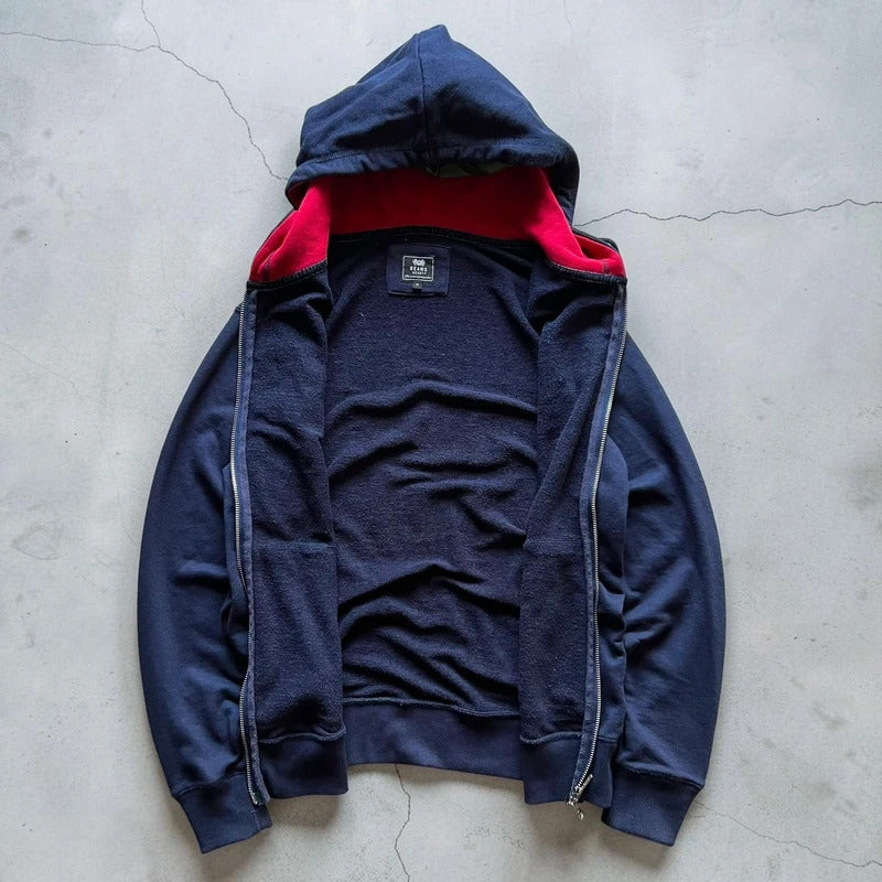 Beams Japan Navy Blue North Dakota Print Zip Up Hoodie M