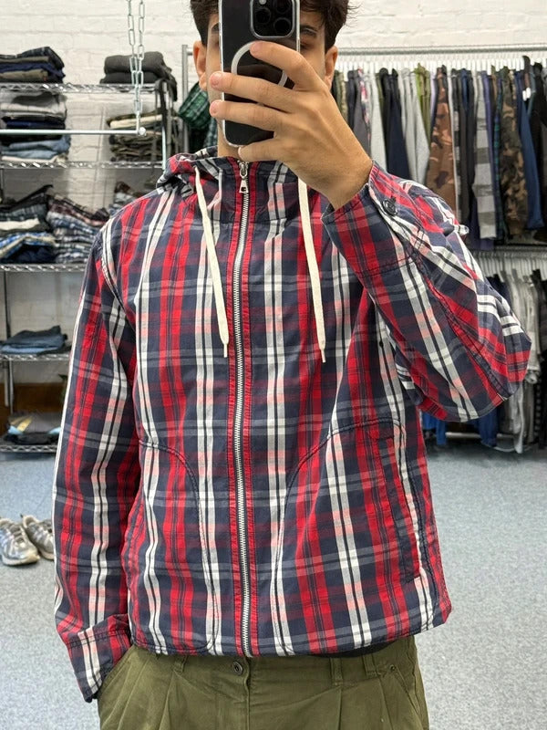 Uniqlo Red Navy White Plaid Checked Zip up Hoodie Jacket