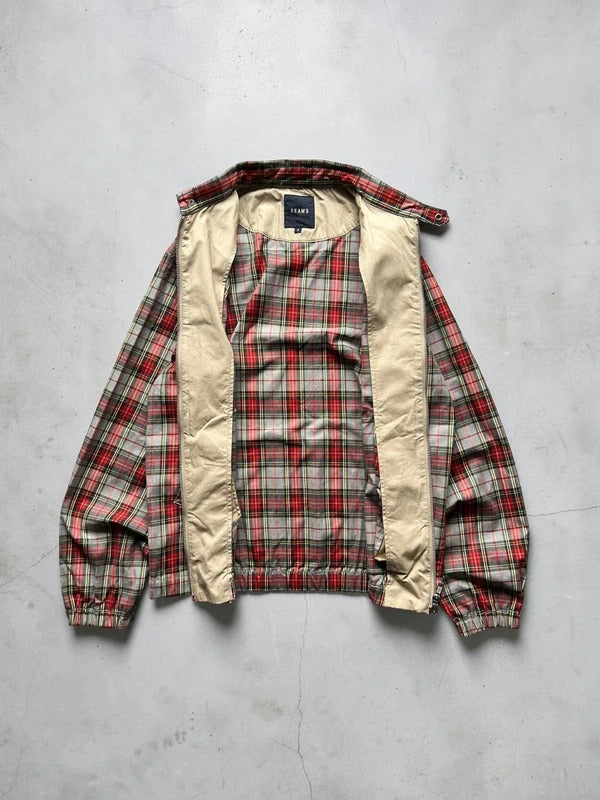 Red Grey Beams Japan Plaid Checked Zip up Collared Harrington Jacket S
