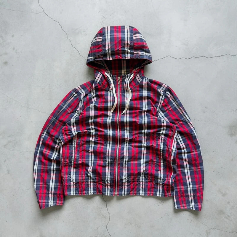 Uniqlo Red Navy White Plaid Checked Zip up Hoodie Jacket