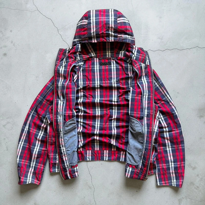 Uniqlo Red Navy White Plaid Checked Zip up Hoodie Jacket