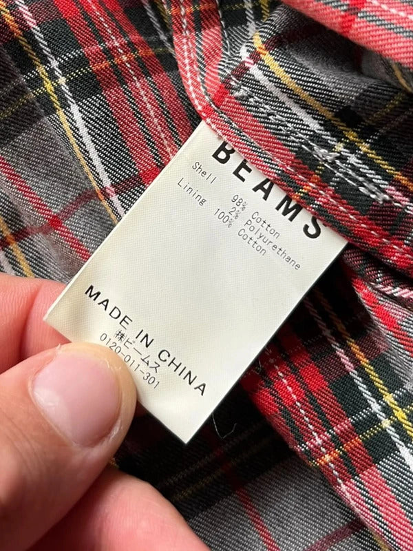 Red Grey Beams Japan Plaid Checked Zip up Collared Harrington Jacket S