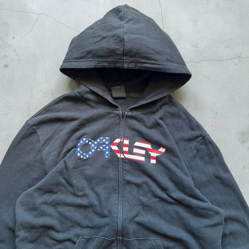 Vinatge 00's Black Oakley USA Flag Print Zip up Hoodie Jacket XL