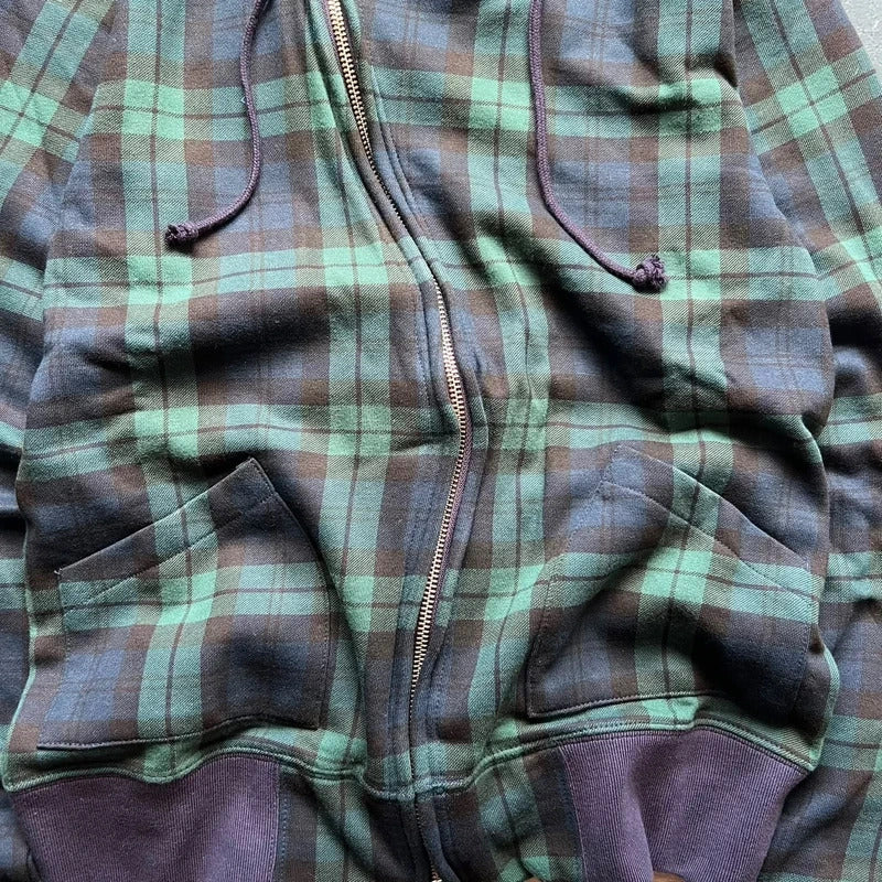 Beams Asymmetrical Tartan Plaid Zip Hoodie S