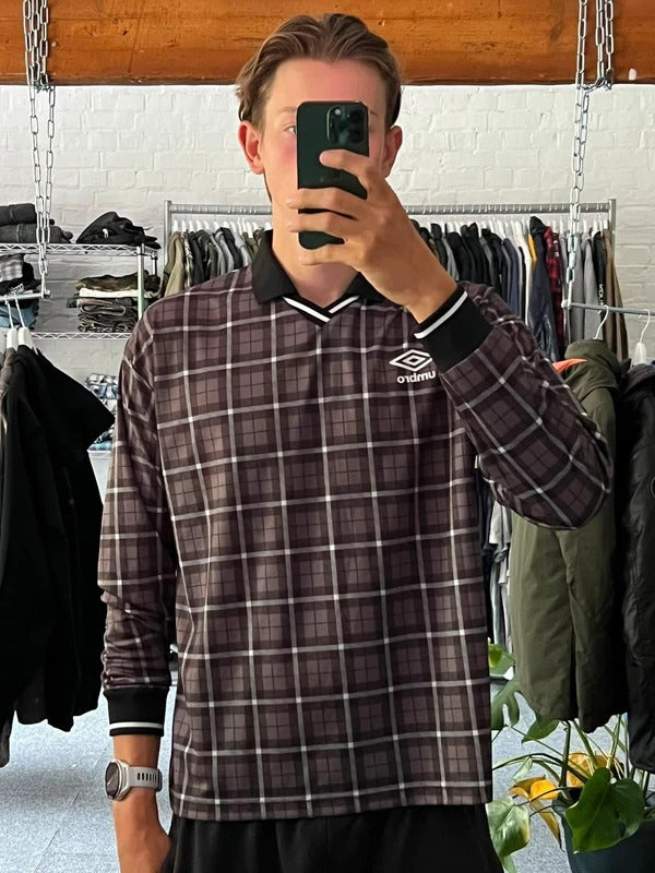 Grey Brown Umbro Plaid Checked Long Sleeve T'shirt L