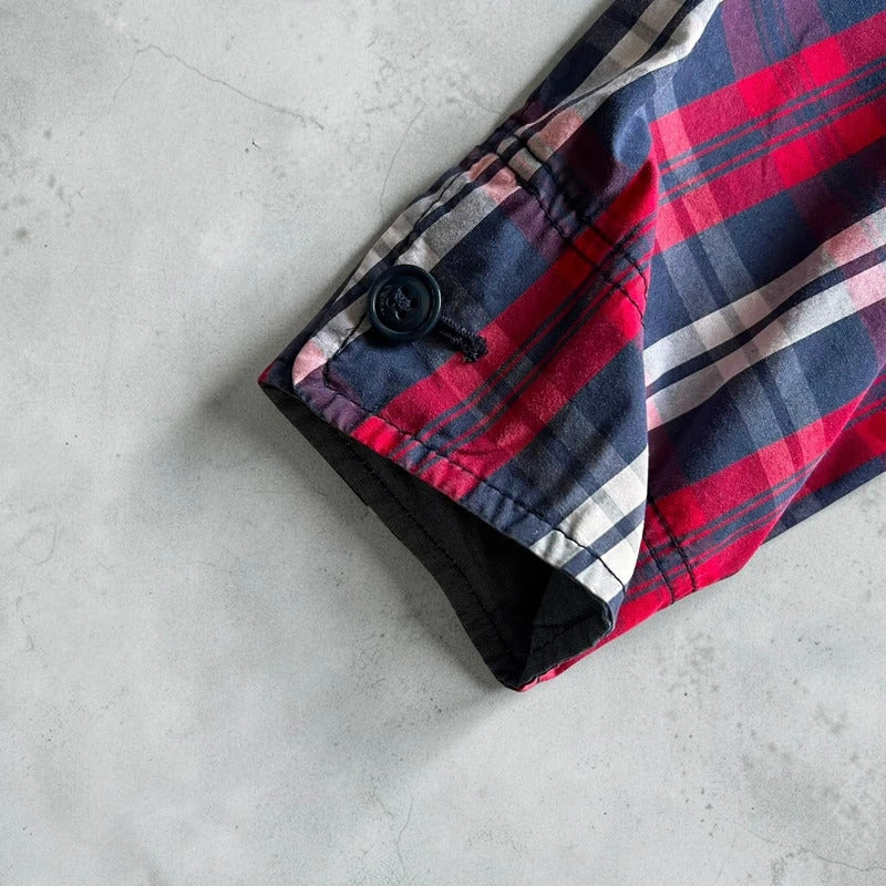 Uniqlo Red Navy White Plaid Checked Zip up Hoodie Jacket