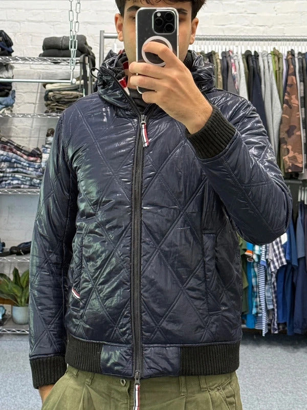 Beams Japan Navy Blue Shiny Hooded Puffer Jacket Coat XS
