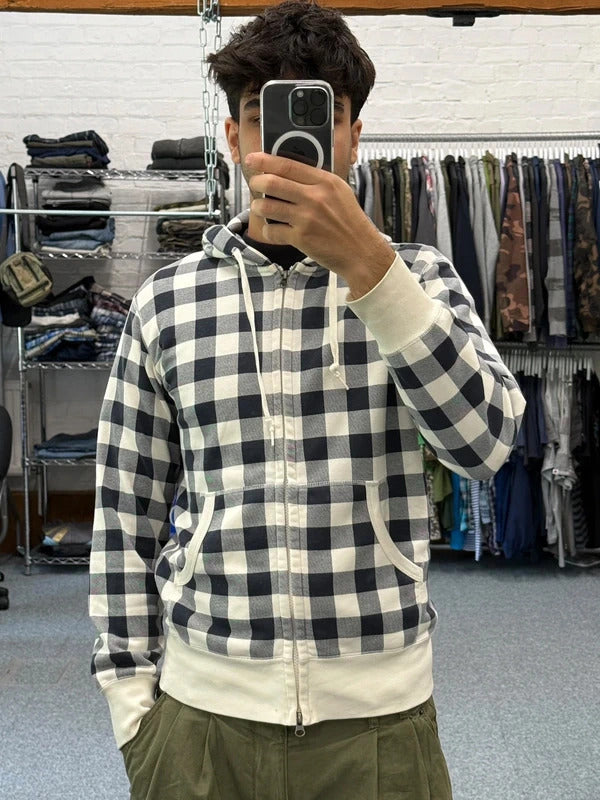 Navy Blue White Uniqlo Plaid Checked Zip up Hoodie Jacket