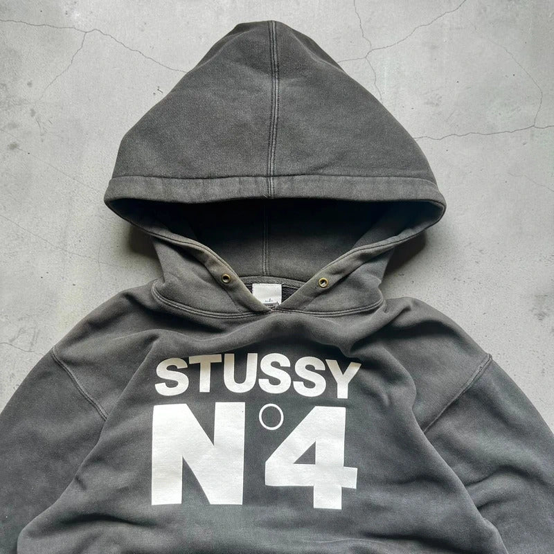 Stussy No4 Logo Black Faded Hoodie M