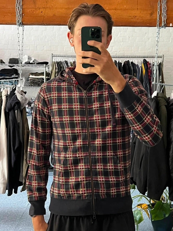 Red Black Beams Japan Plaid Tartan Checked Zip up Hoodie Jacket S