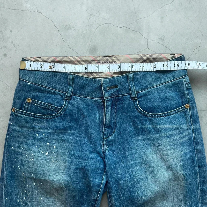 Women's Vintage Burberry Blue Label Paint Splatter Denim Flared Jeans W28