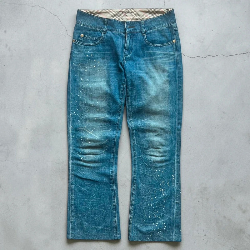 Women's Vintage Burberry Blue Label Paint Splatter Denim Flared Jeans W28