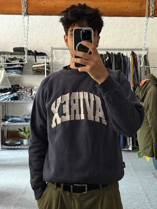 Vintage 00's Avirex Faded Navy Blue Print Sweatshirt Jumper S
