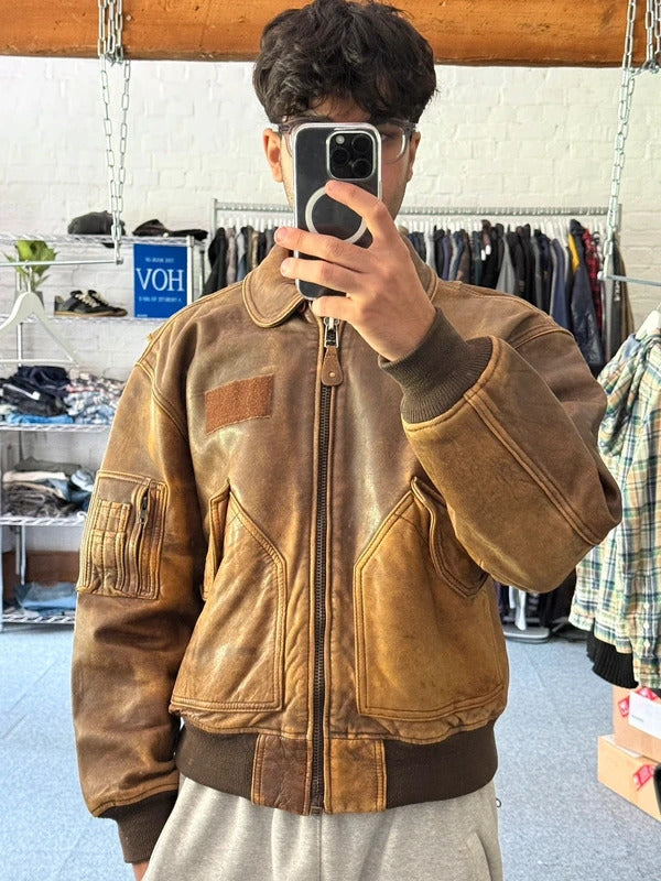 Vintage Brown Sheepskin Leather Flight Jacket S