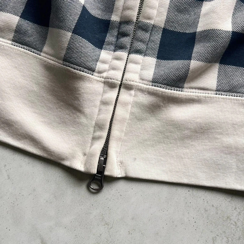 Navy Blue White Uniqlo Plaid Checked Zip up Hoodie Jacket