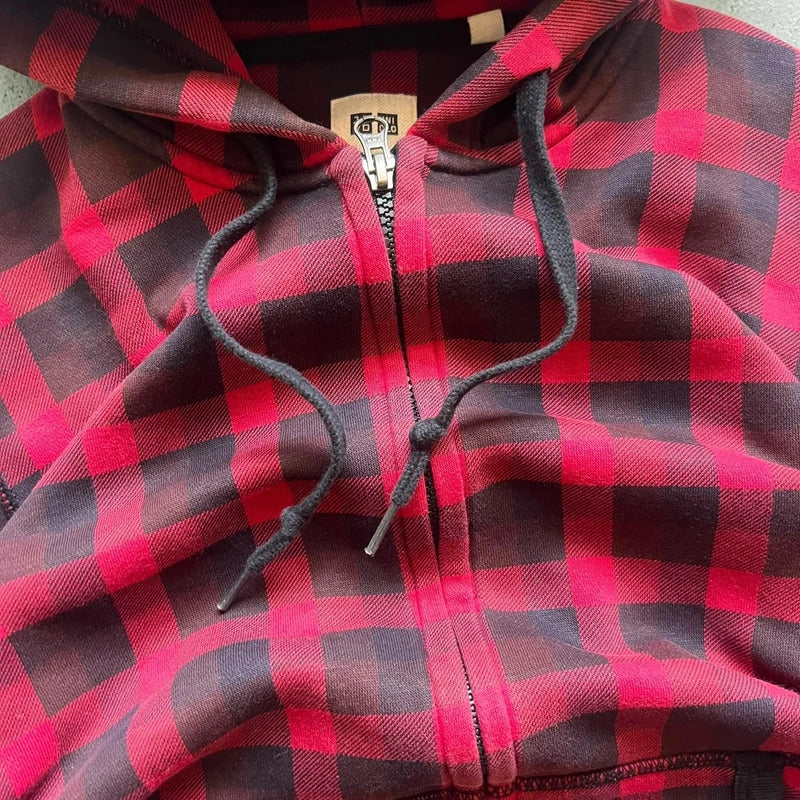 Red Black Uniqlo Plaid Checked Zip up Hoodie Jacket XS