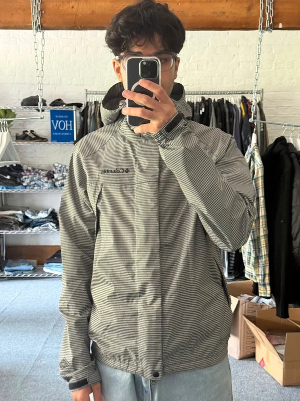 Black White Columbia Houndstooth Plaid Checked Waterproof Jacket L