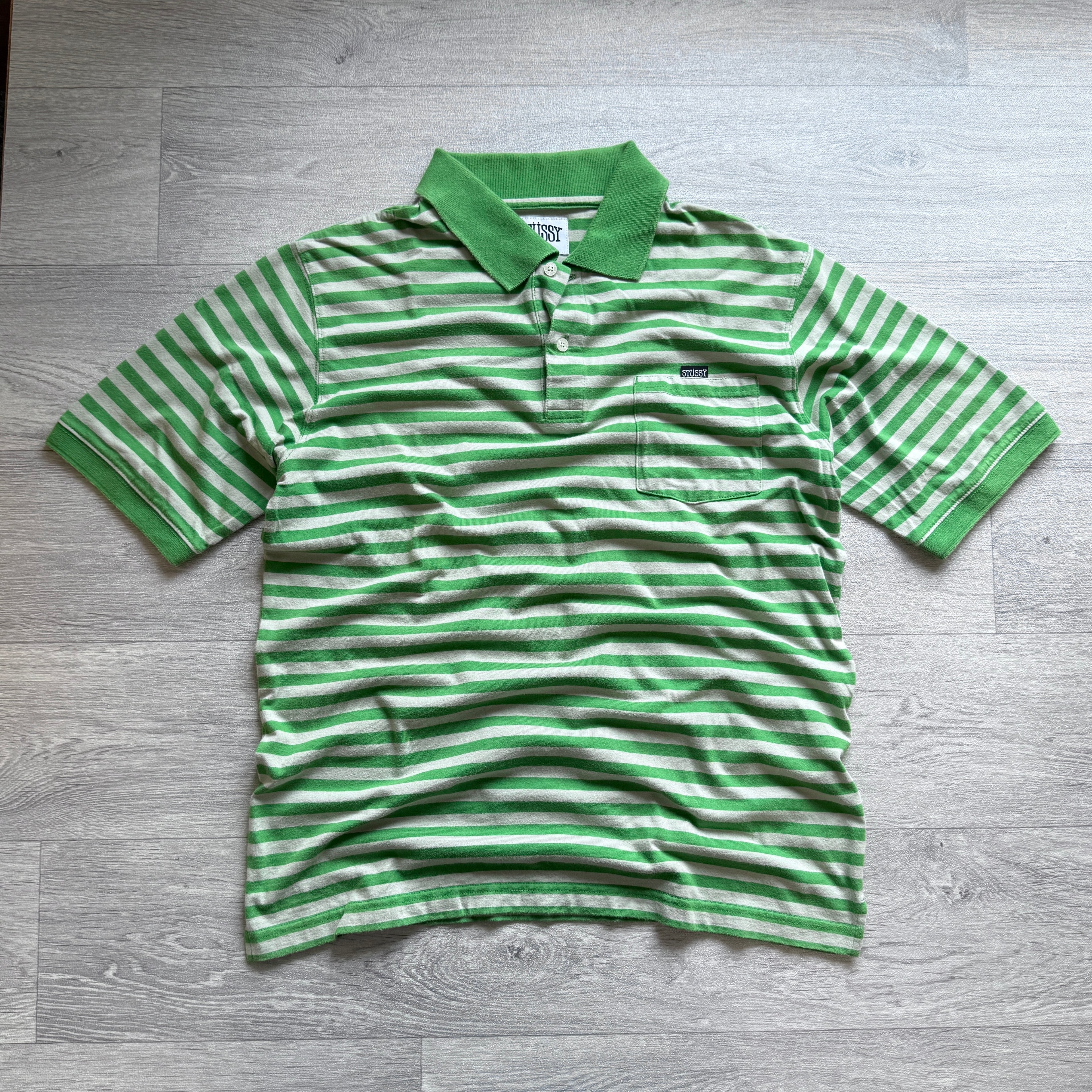 Vintage 00's Stussy Green White Striped Polo Shirt T'shirt